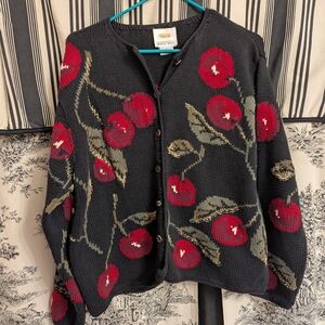 Talbots Black Cardigan with Red Floral Design